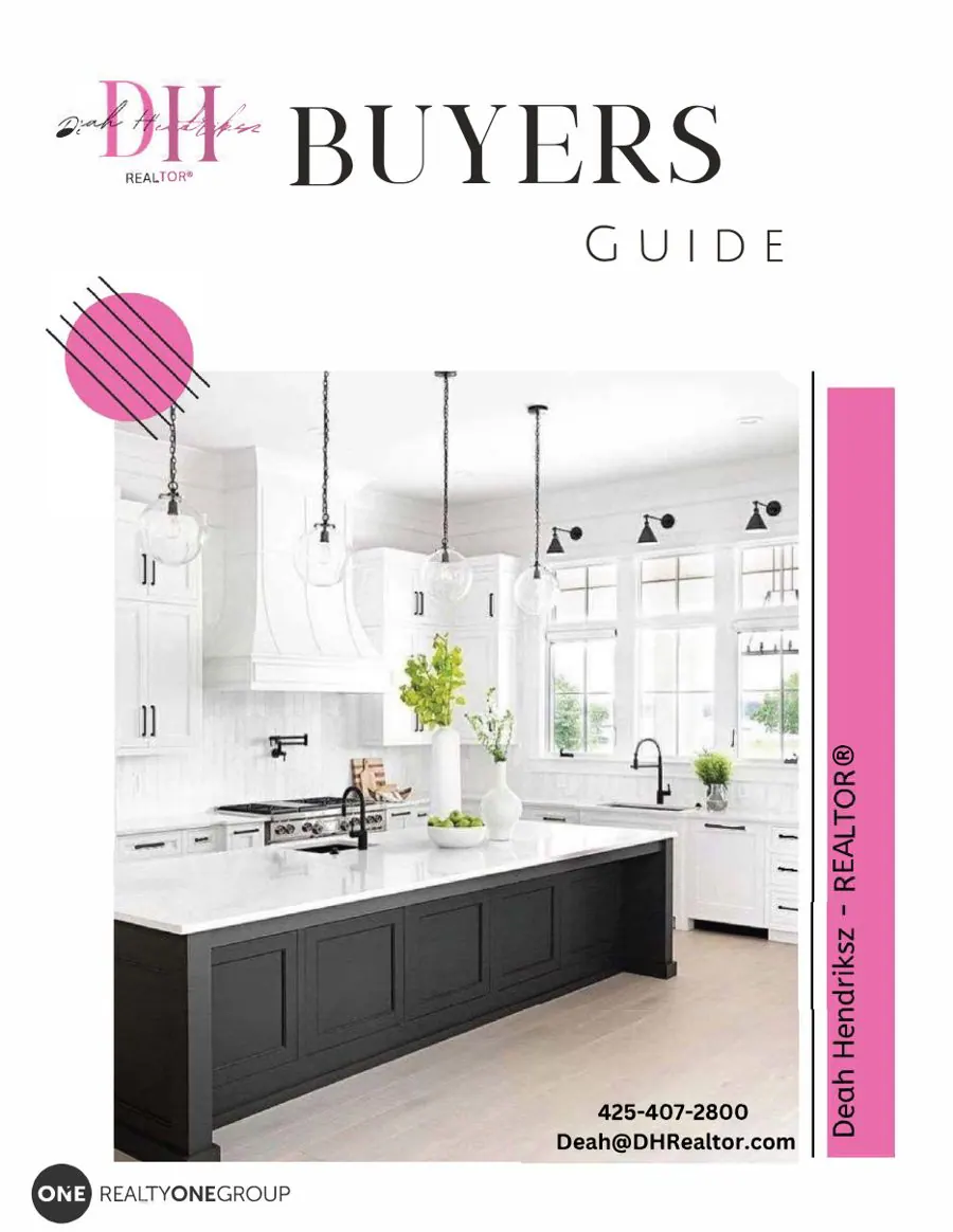 Cover of the Deah Hendriksz Buyers Guide booklet showing a white kitchen with a dark island
