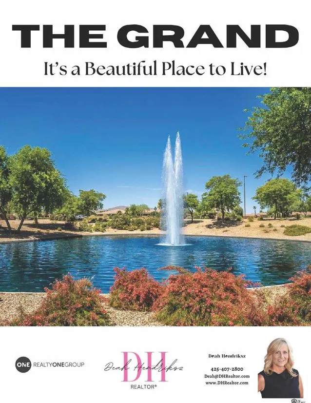 Cover of The Grand Info booklet showing a fountain on a lake