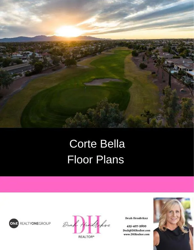 Cover of the Corte Bella Floor Plans booklet showing a golf course at sunset