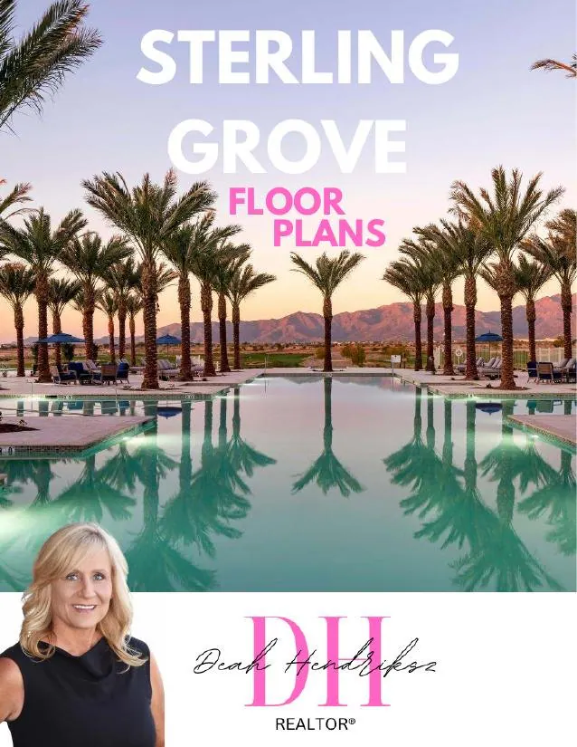 Cover of the Sterling Grove Floor Plans booklet with palm trees and a resort pool