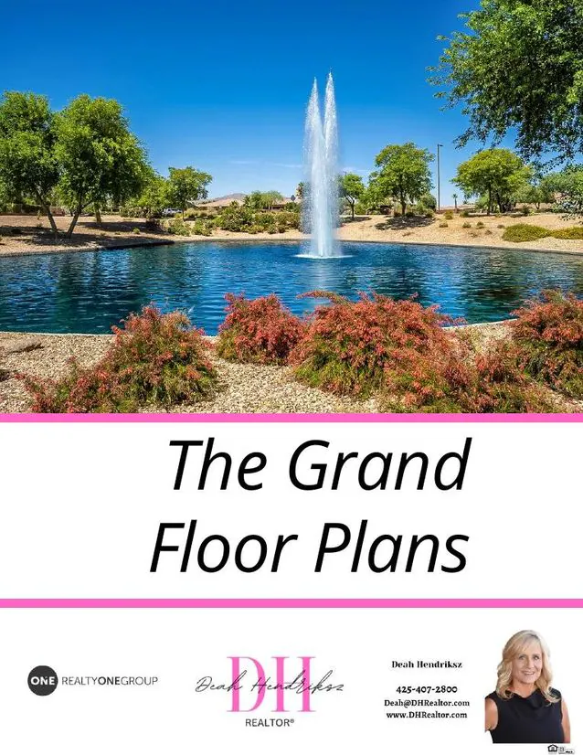 Cover of The Grand Floor Plans booklet showing a fountain on a lake