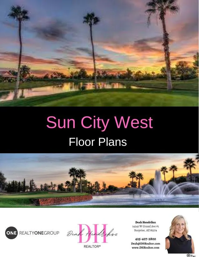 Cover of the Sun City West Floor Plans booklet showing palm trees at sunset over a golf course