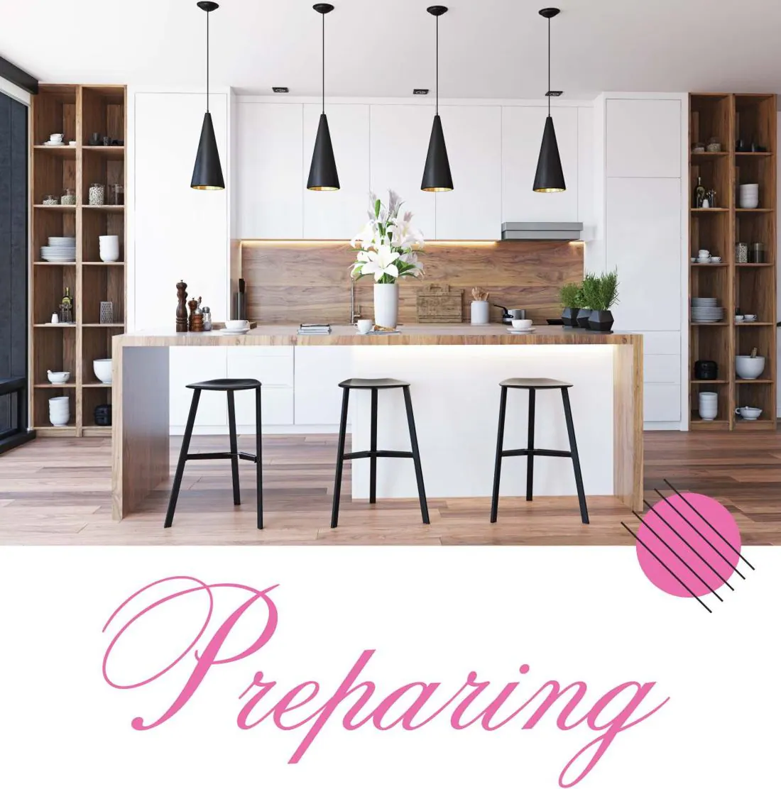 Bright kitchen with a wood island and pendant lights