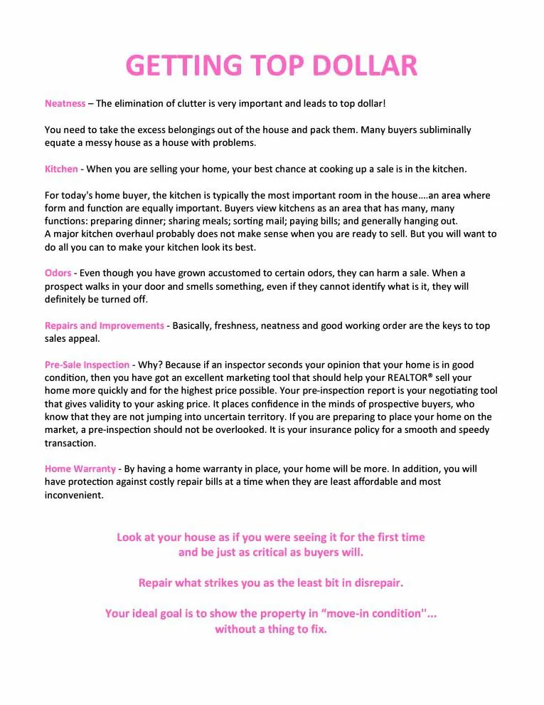 Page from the Deah Hendriksz Seller Guide, Getting Top Dollar