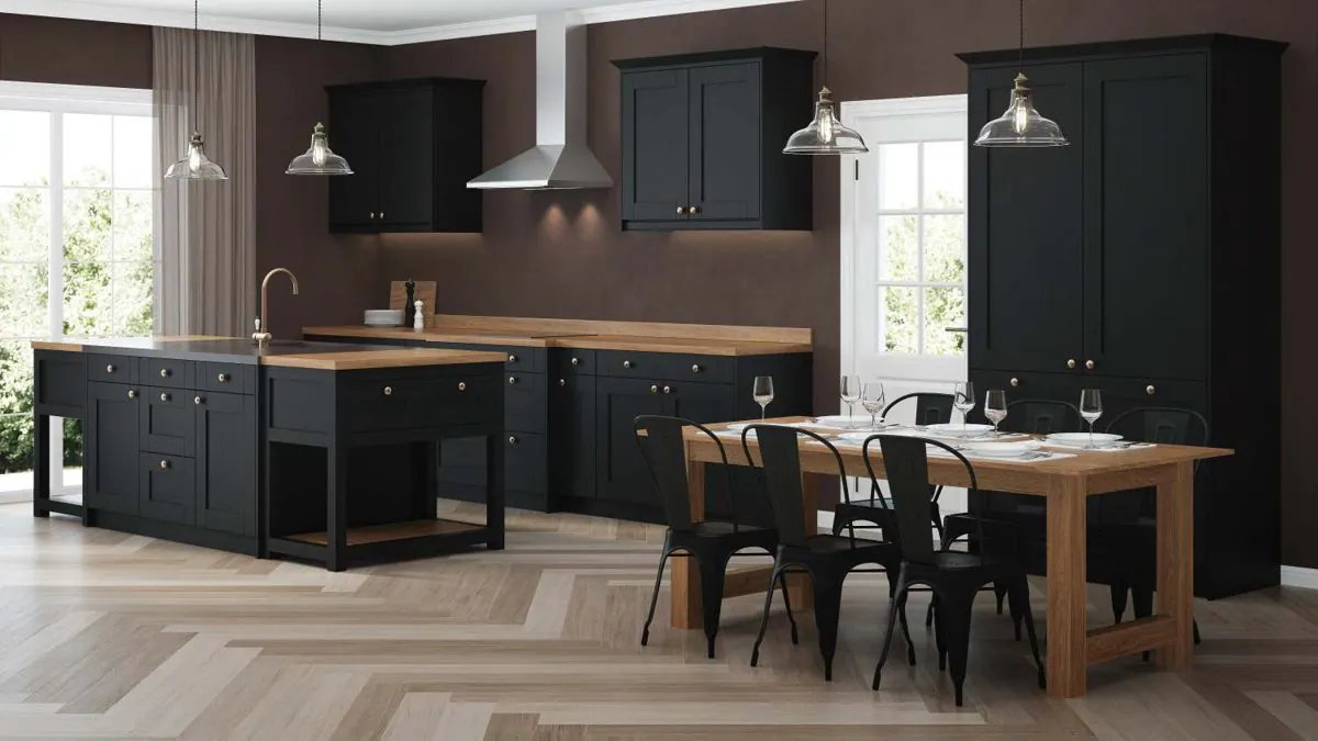 Dark cabinet kitchen with island and pendant lights