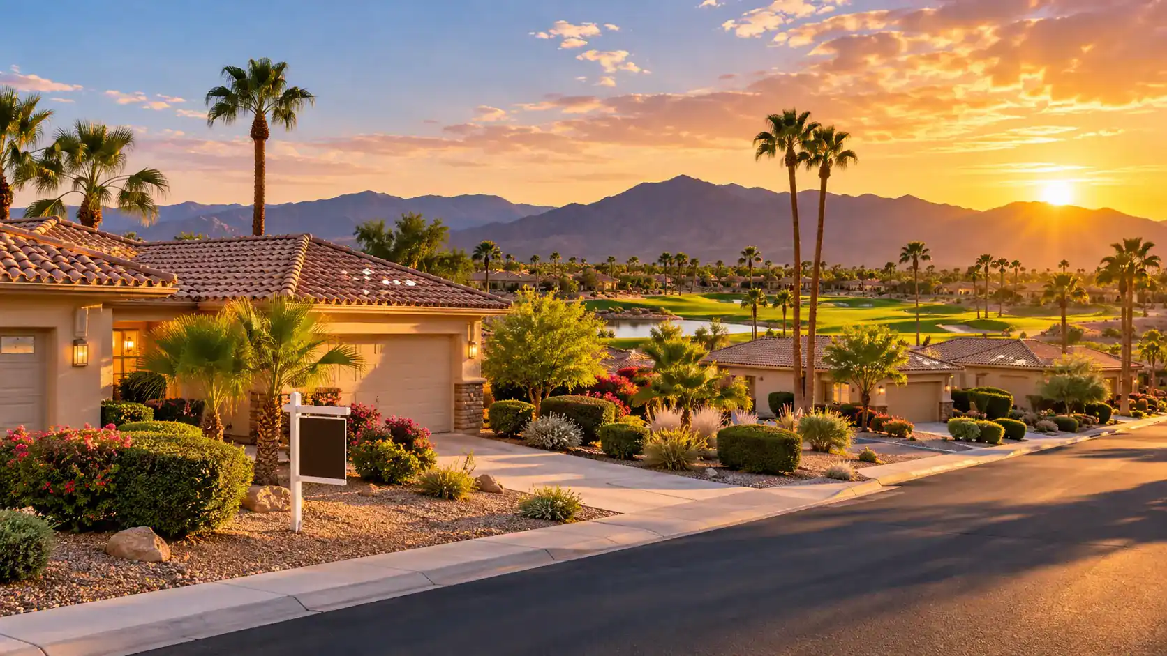 Quiet Sun City AZ area 55 plus street at sunset with tile roof homes, palm trees and a for sale sign, showing whether home prices are dropping