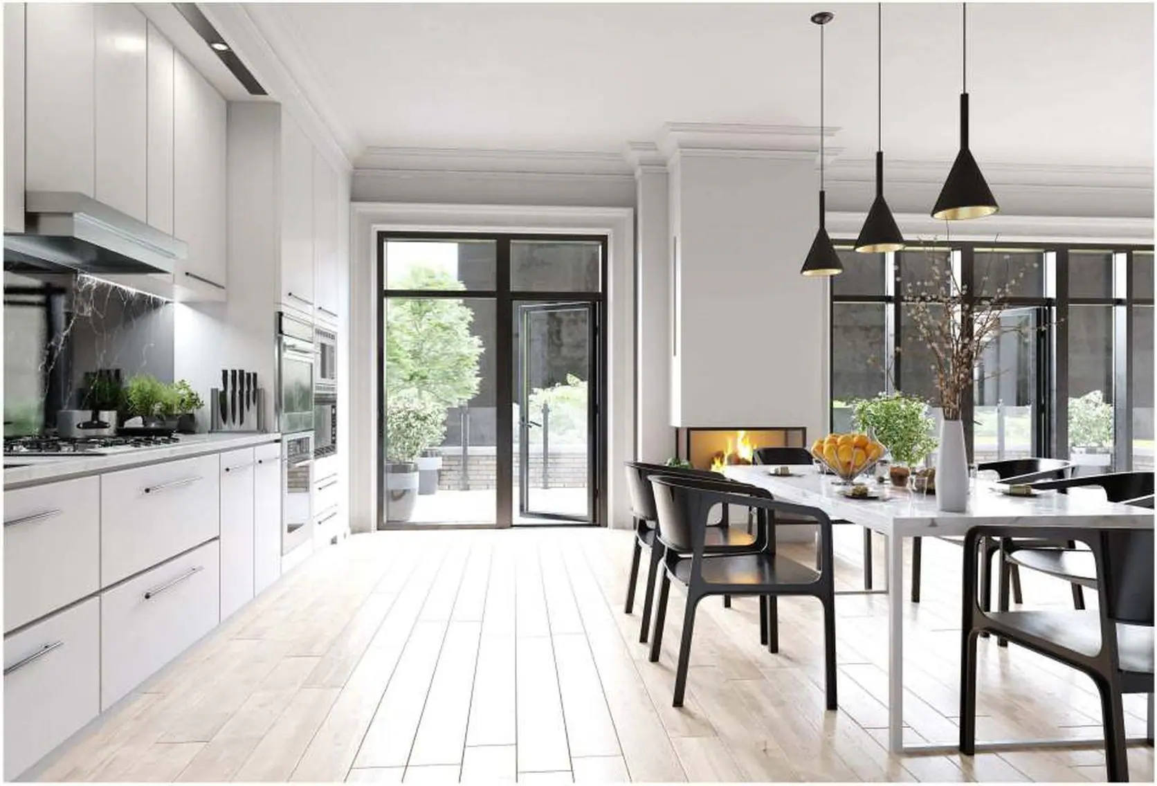 Bright modern kitchen and dining area with black pendant lights, a home prepared with the Arizona Home Sellers Guide