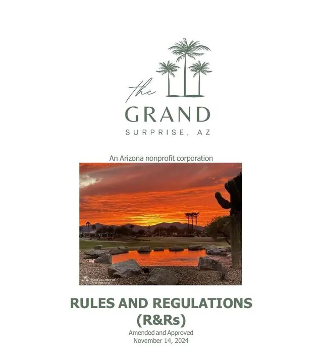 Cover of The Grand Rules and Regulations with a desert sunset over a pond