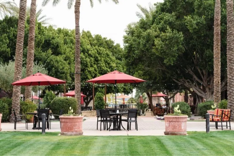 Outdoor dining patio in the Village Center at The Grand